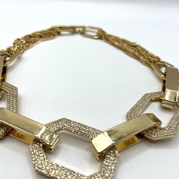 Oversized Gold Chunky Toggle Statement Necklace Rhinestones Geometric Sparkle - Picture 9 of 10